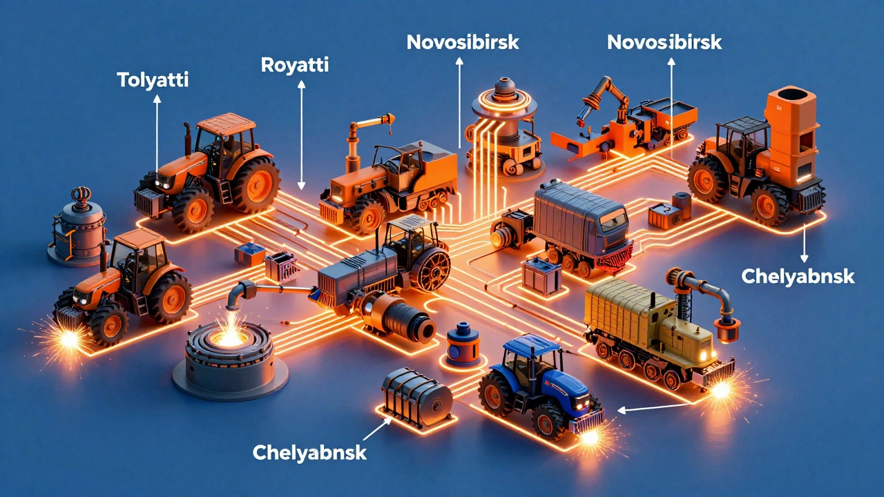 Схематичная карта российского машиностроения: тракторы, локомотивы и станки соединены потоками экспорта по странам.