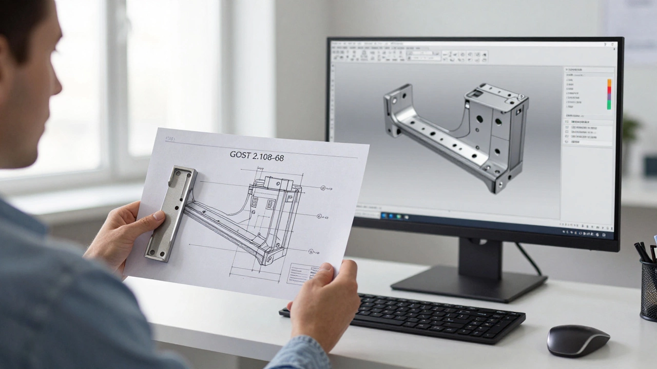 Техник сравнивает 3D-печатную деталь с техническим чертежом по ГОСТ в инженерном офисе.