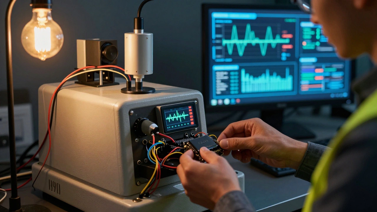 Устаревшее оборудование с современными датчиками IoT, установленное техником, на фоне цифрового центра управления.