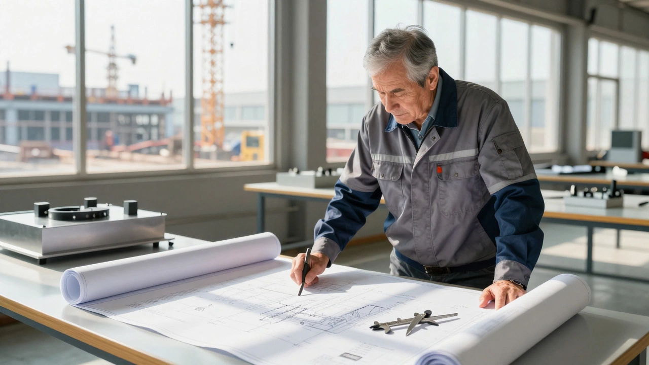 Ведущий инженер с чертежами и образцами на заводе.