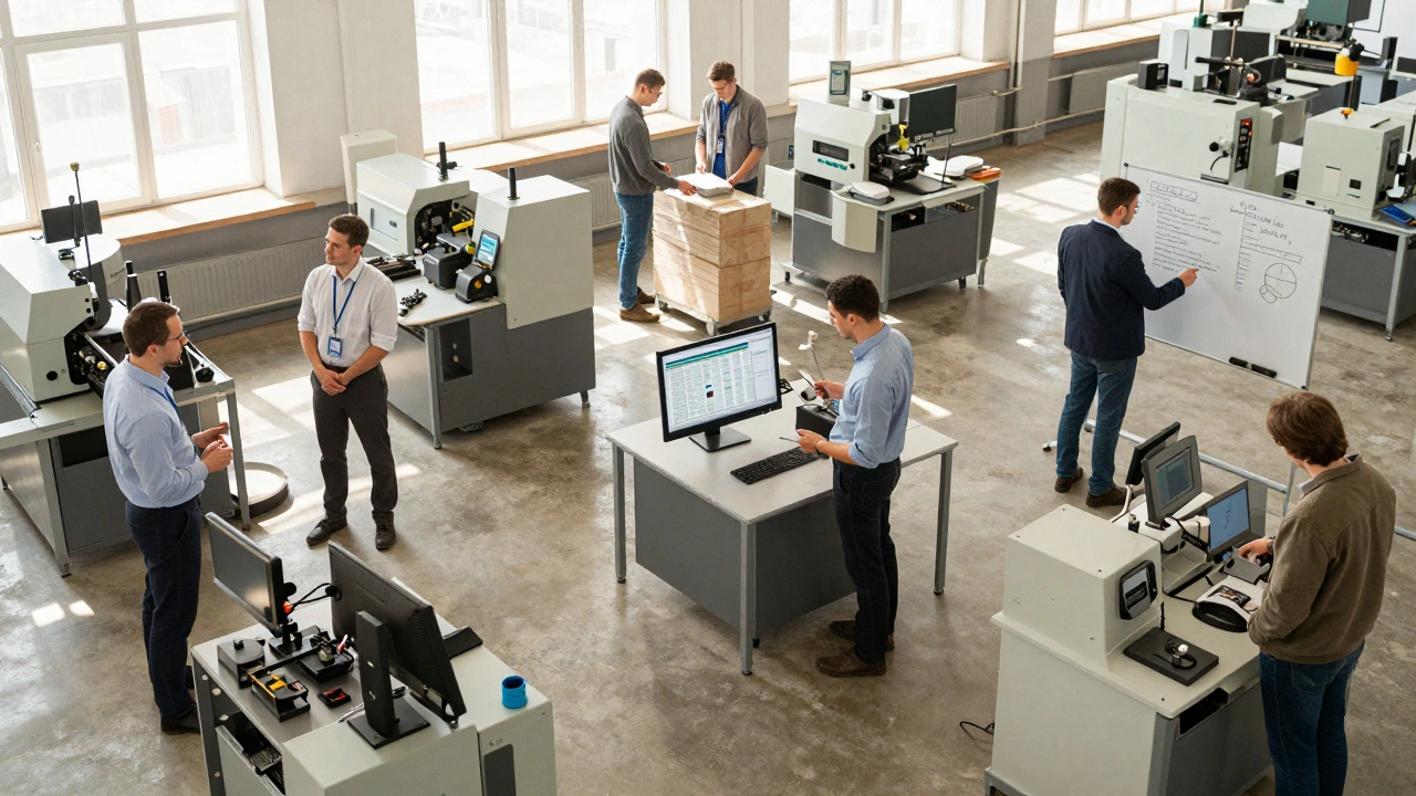 Вид производственного цеха с семью зонами, отражающими принципы управления качеством.