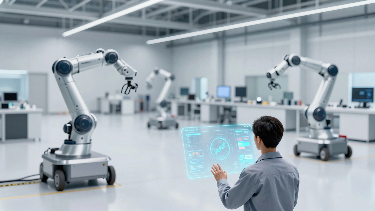Автономный завод будущего с роботами и инженером за голографическим интерфейсом