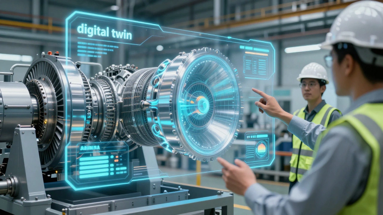 Инженеры работают с цифровым двойником турбины в современном цеху