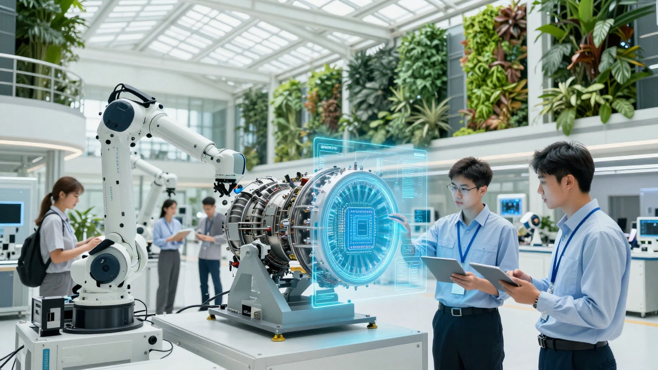 Инженеры в современном высокотехнологичном цеху с голограммами и роботами