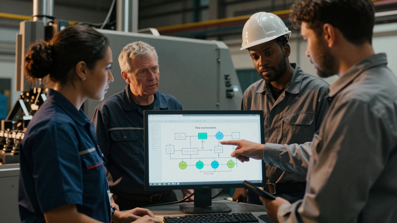 Команда рабочих и руководитель обсуждают процесс производства у монитора