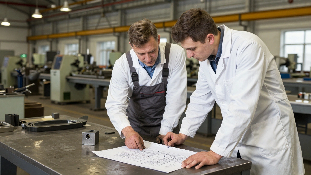 Молодой инженер и опытный станочник обсуждают чертеж и деталь в цеху завода