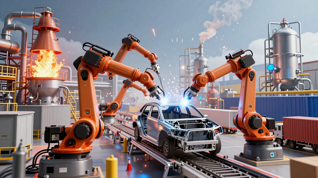 Сложная сеть промышленного производства от металлургии до сборки автомобилей