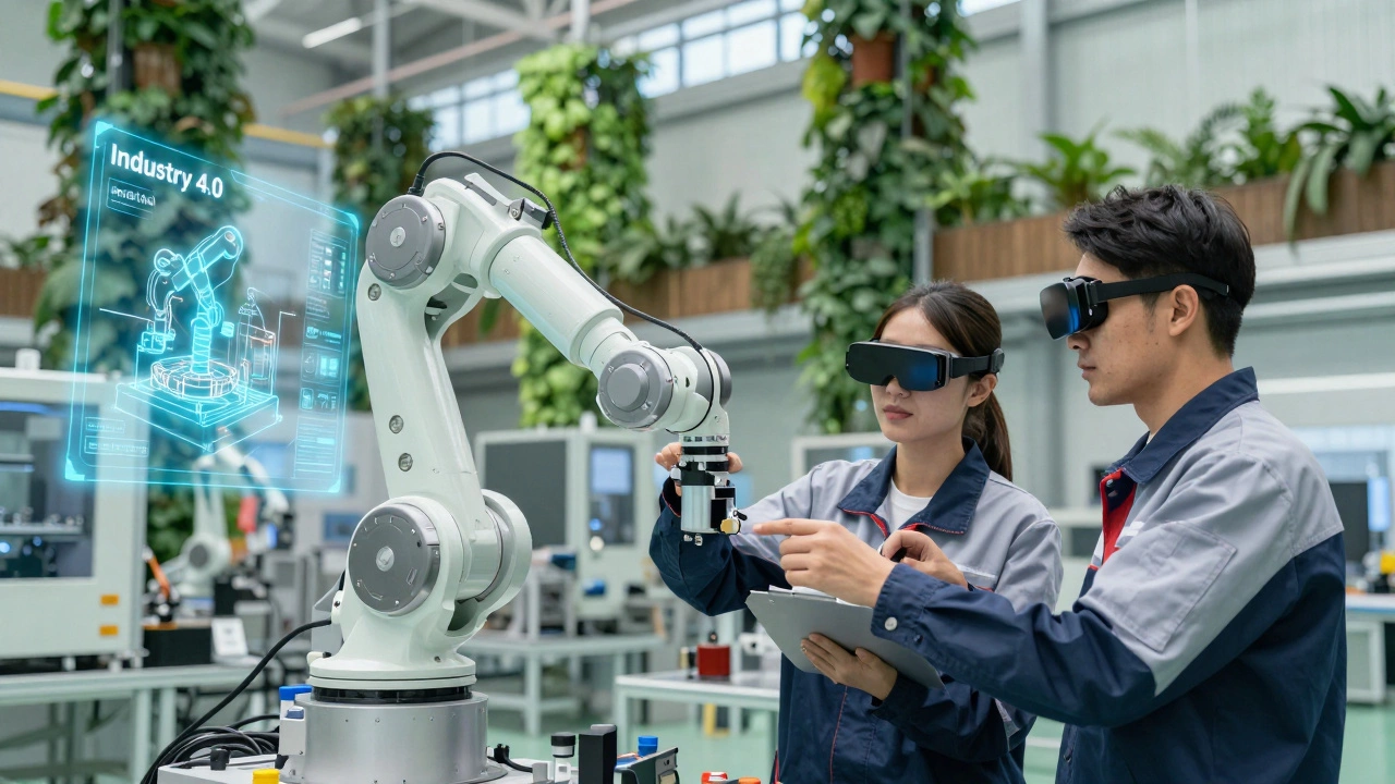 Современный робот и инженер работают с голограммой цифрового двойника на заводе