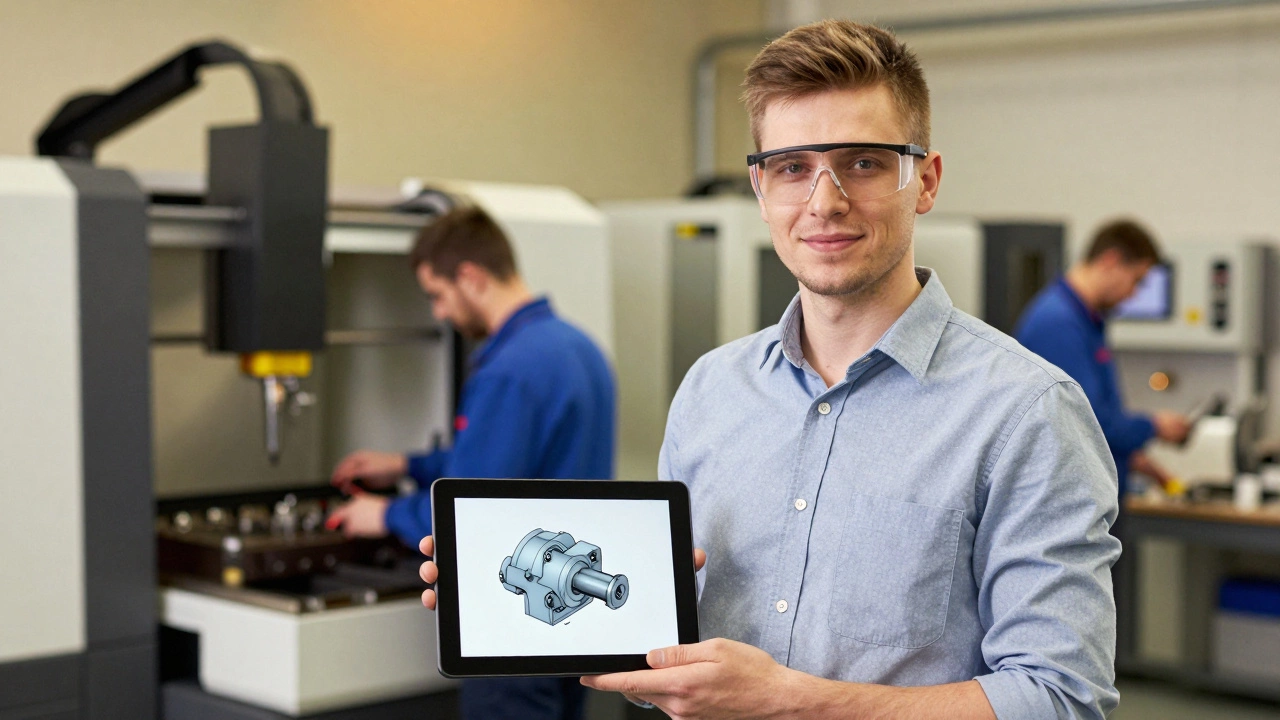 Инженер держит планшет с 3D-моделью в освещенной мастерской