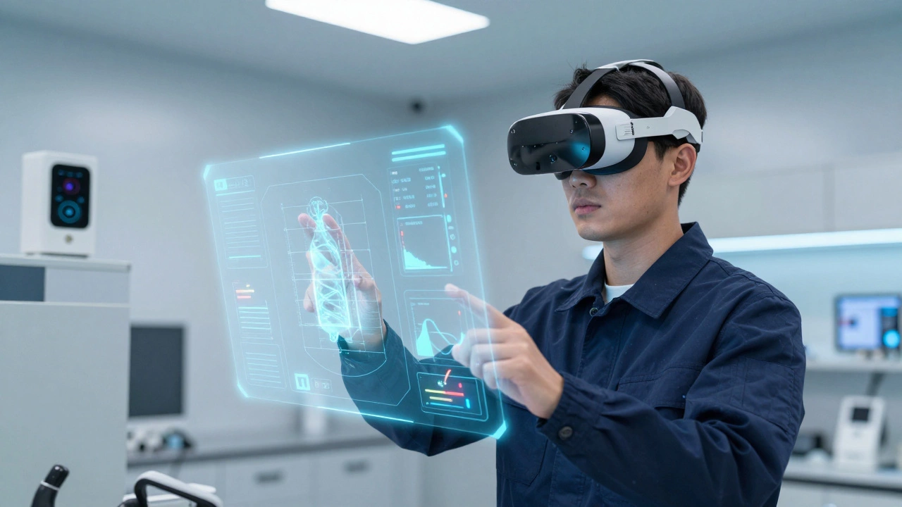 Сотрудник использует AR-технологии для оценки опасностей на производстве
