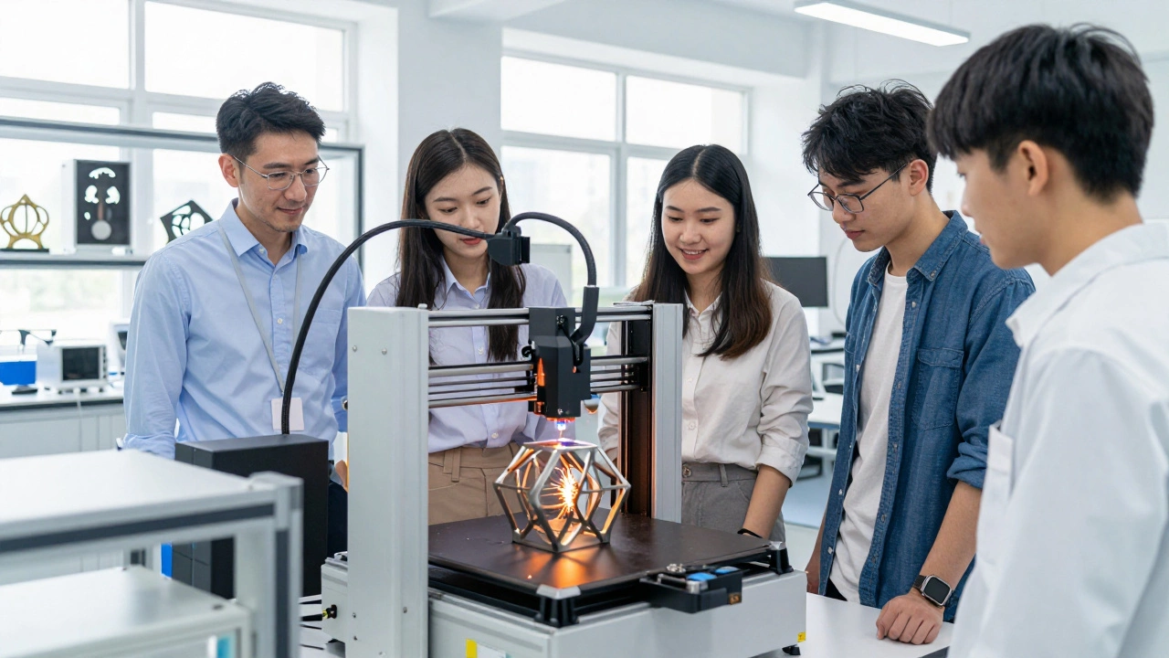 Студенты наблюдают за работой 3D-принтера металла в лаборатории