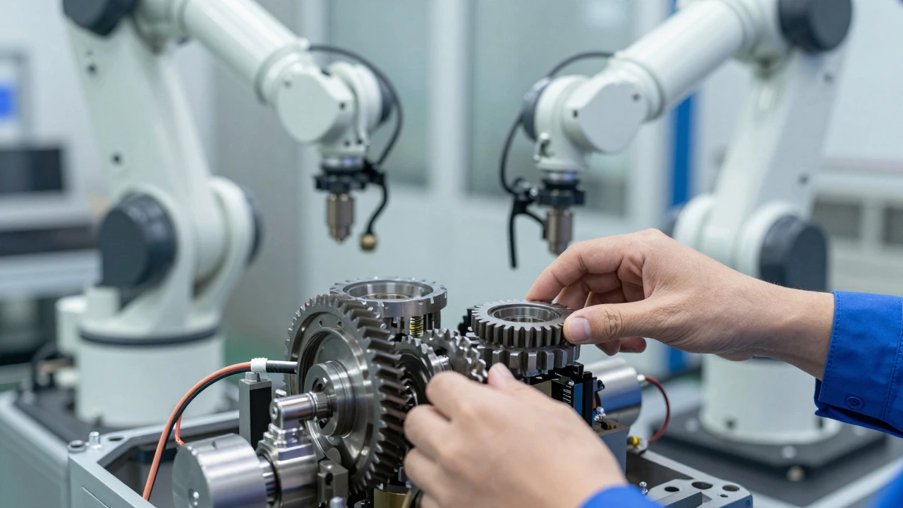 Engineer inspecting machinery in a modern automated factory setting