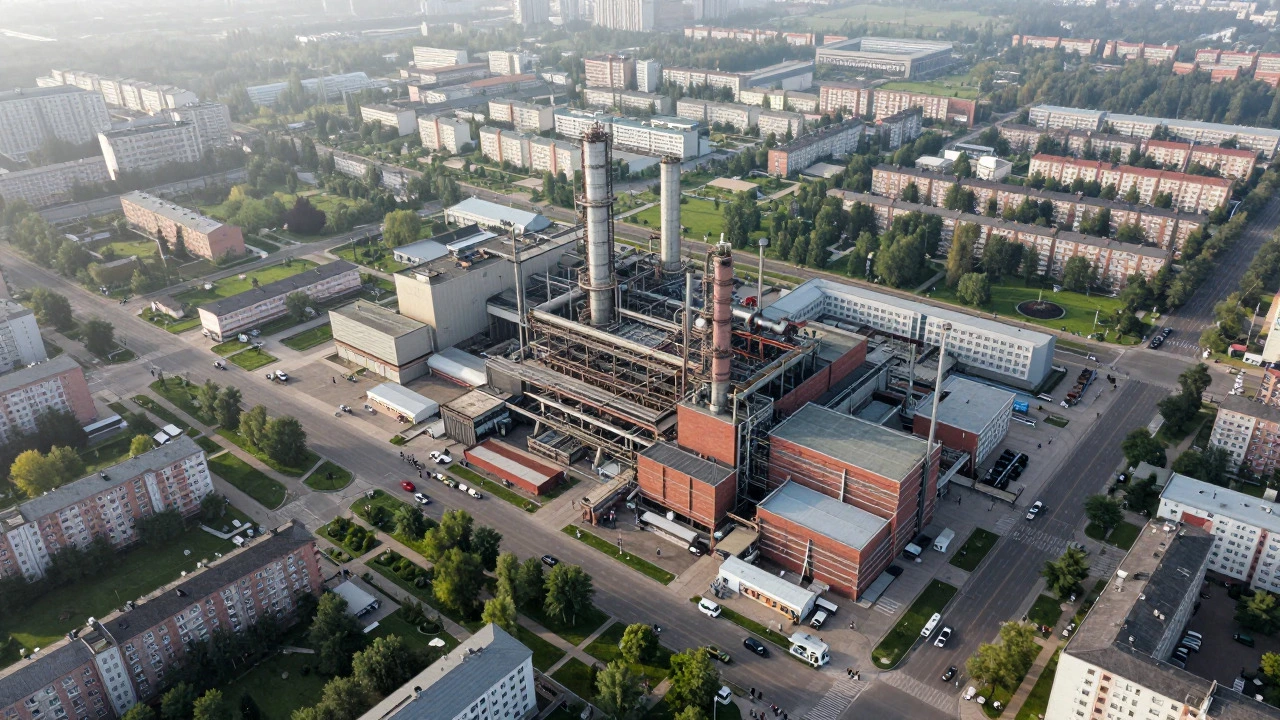 Вид сверху на моногород с крупным заводом и жилой инфраструктурой вокруг