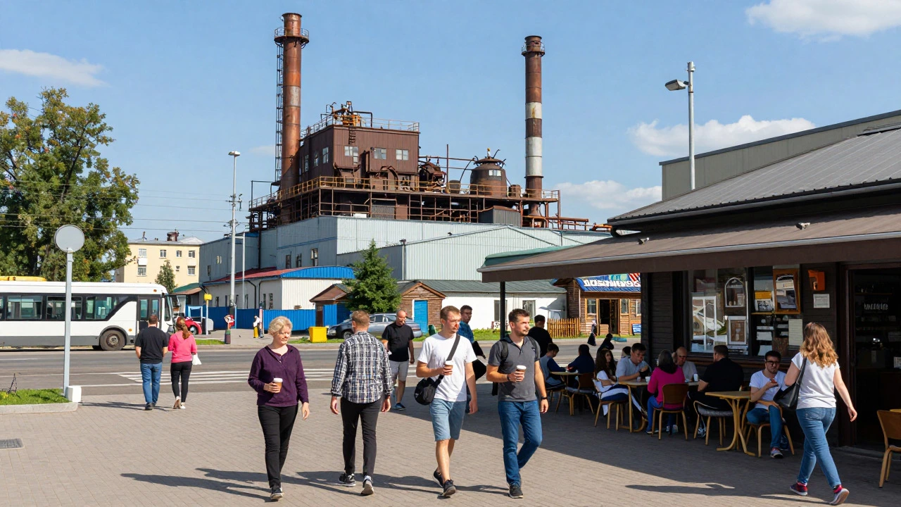 Workers walking near a factory in a lively Russian city center